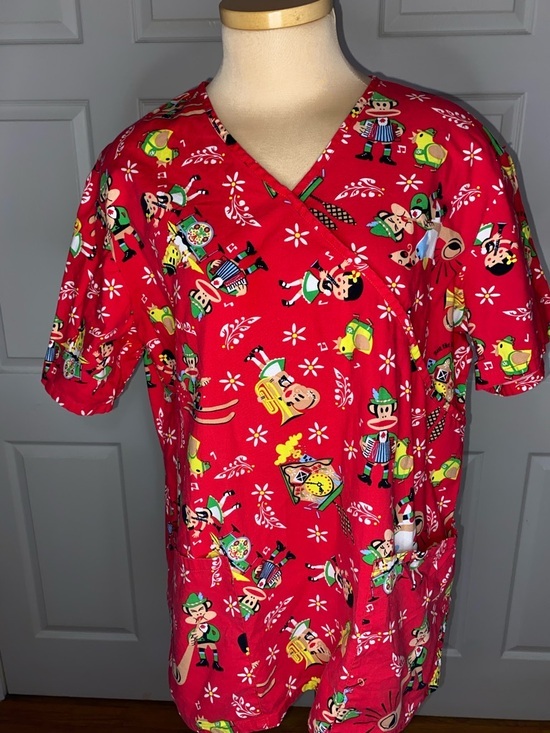 Paul Frank Tops - Paul Frank Red Novelty Oktoberfest Print V-Neck Scrub Top